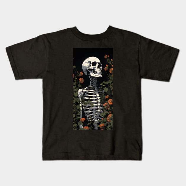 Gothic Flower And Bones Skeleton Gothic Skulls Kids T-Shirt by VisionDesigner
